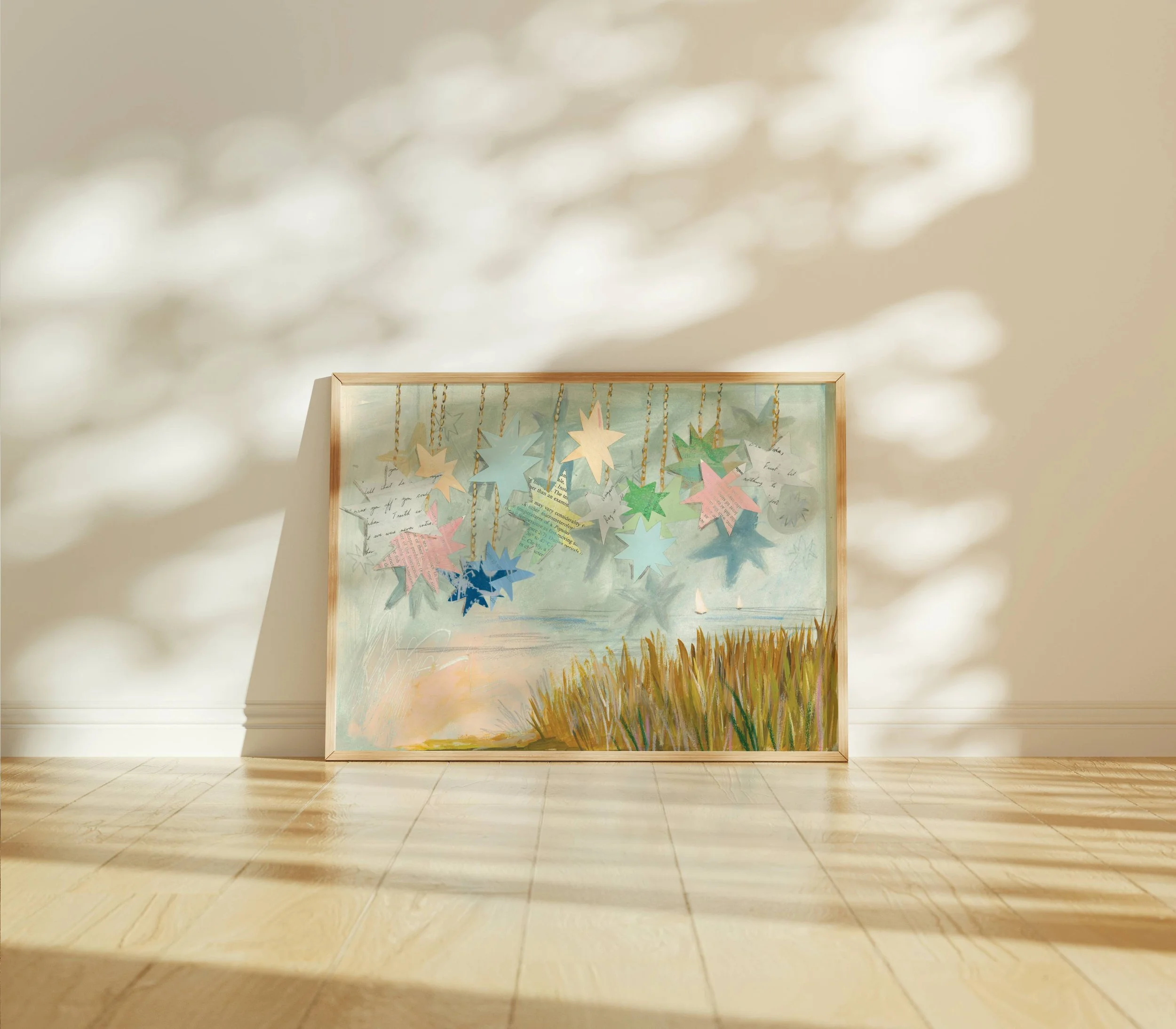 Pink Coastal Grandma Artwork, muted coastal wall art blues, whimsical romance, coastal maine wall art, southern coastal granddaughter art