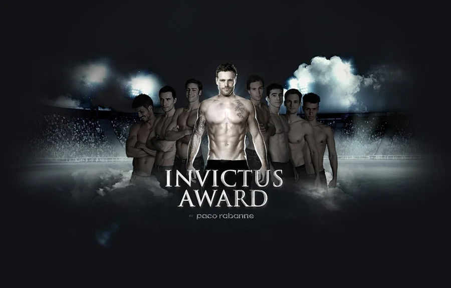 Poster for the Invictus Award featuring a muscular man in front with multiple shirtless men behind him, set against a dark, cloudy background.