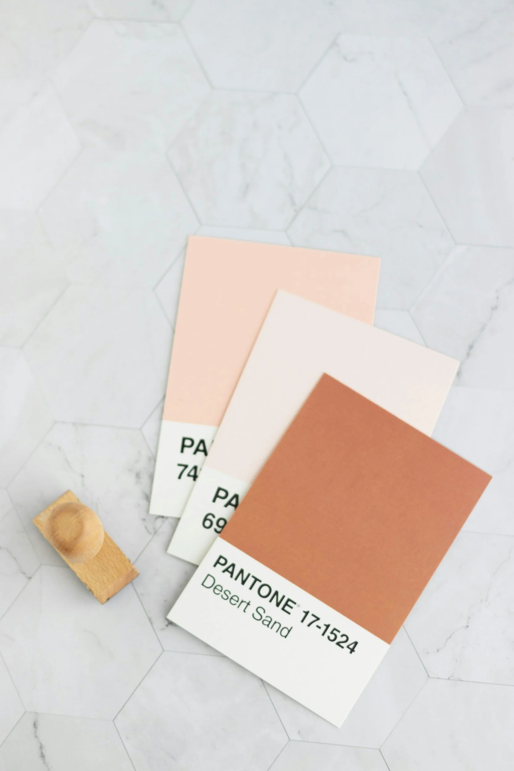 Sample color swatches labeled Pantone Deserts Sand in shades of peach and beige, with a small wooden block and a piece of wood nearby on a white hexagonal tiled surface.