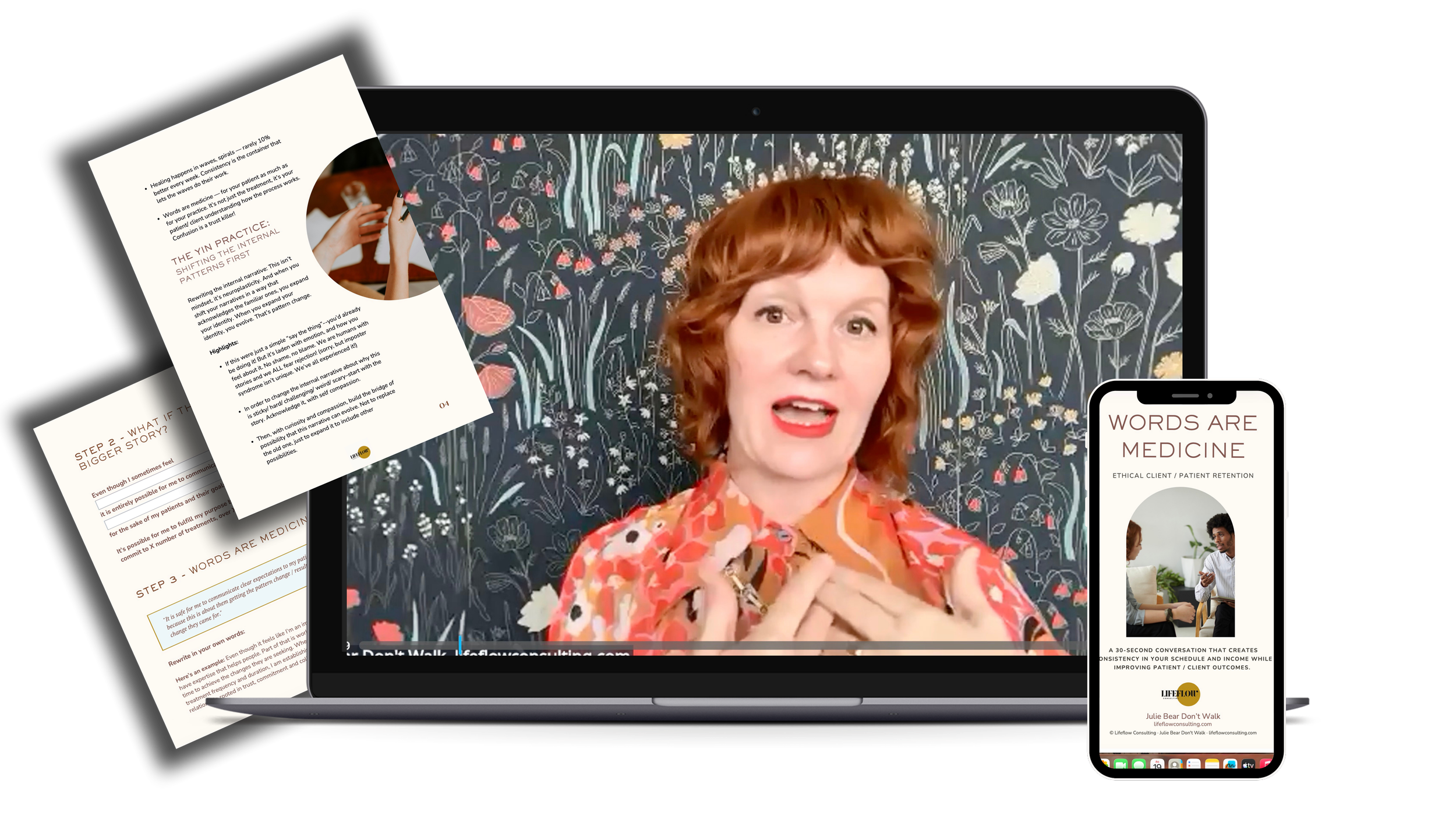A woman with red hair speaking during a virtual presentation visible on a laptop, with printed documents and a smartphone displaying related content around her.