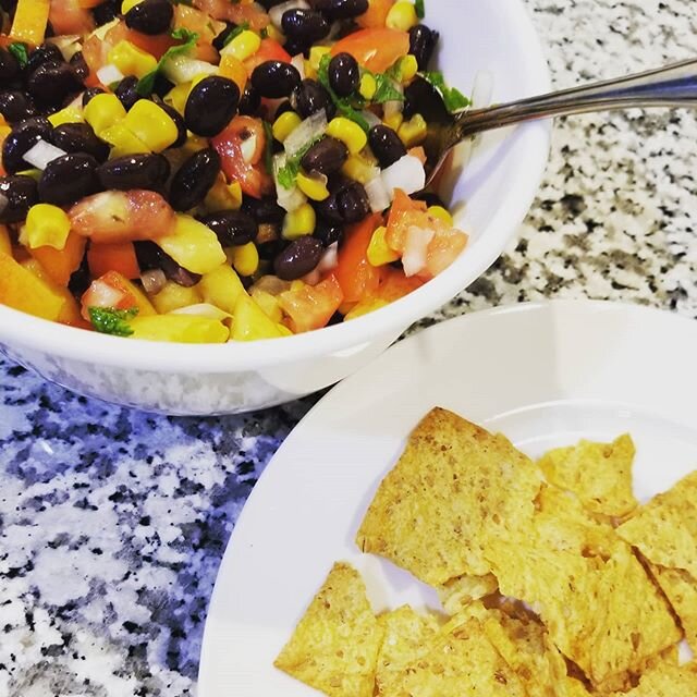 Fresh salsa with the garden tomatoes, black beans, onion, corn, peaches and mint.  Just a splash of lemon juice and some salt.  So refreshing! It would be great on top of tacos or even fish. A little fruit like the peaches adds sweetness.  You can us