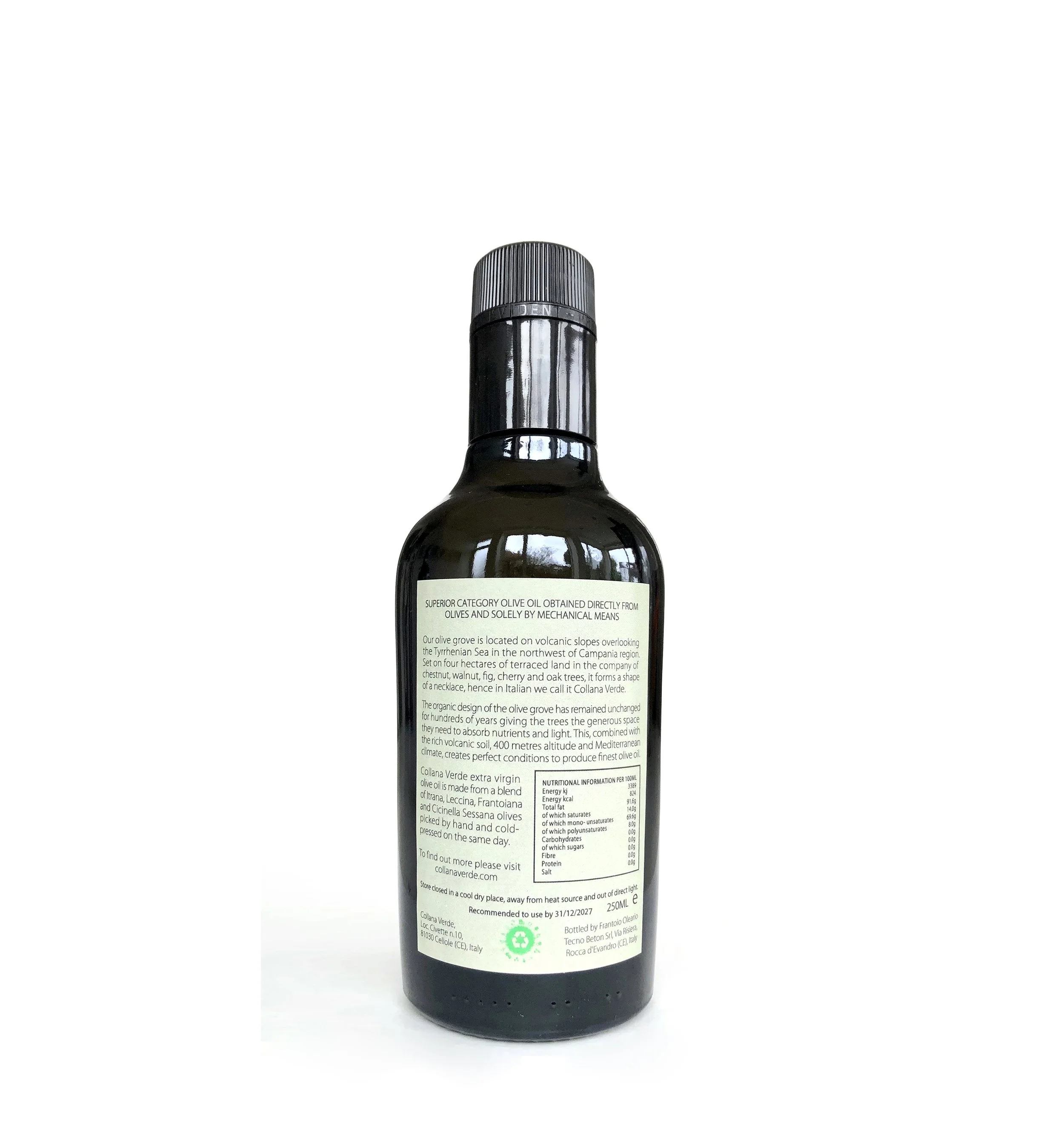 250ml collana verde extra virgin olive oil harvest 2025 back.jpg
