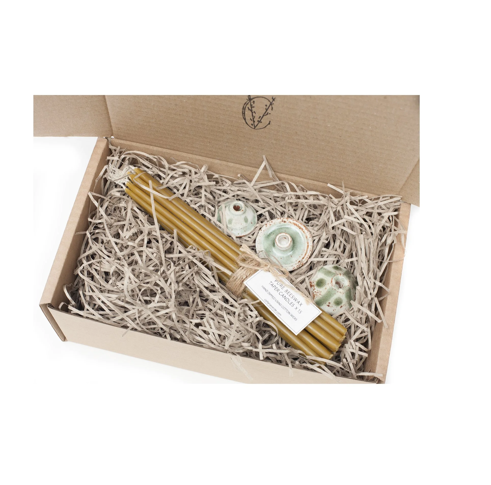 collana verde beeswax tapers and candle holders in a box.jpg