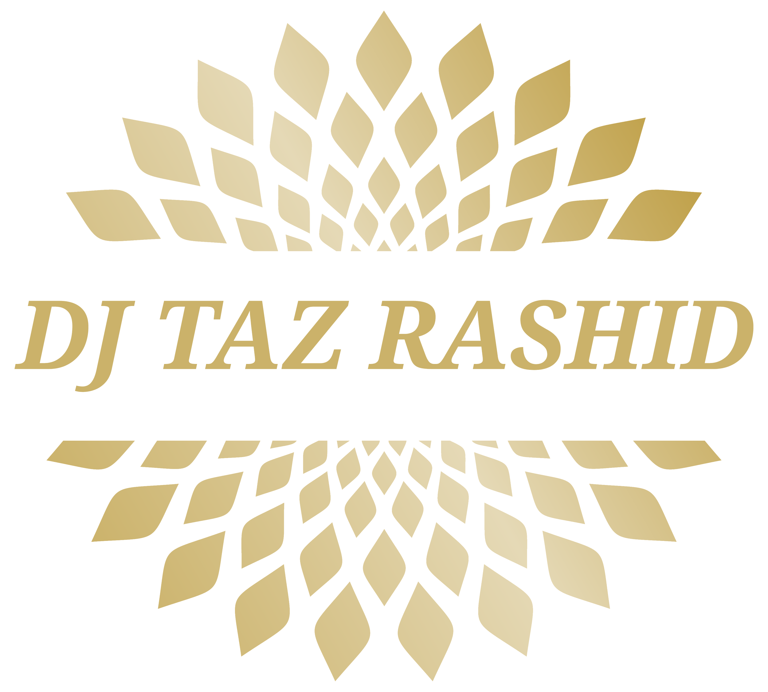 A digital graphic logo featuring a stylized gold and white design resembling angel wings or a bursting star, with the name "DJ TAZ RASHID" in gold cursive text in the center.