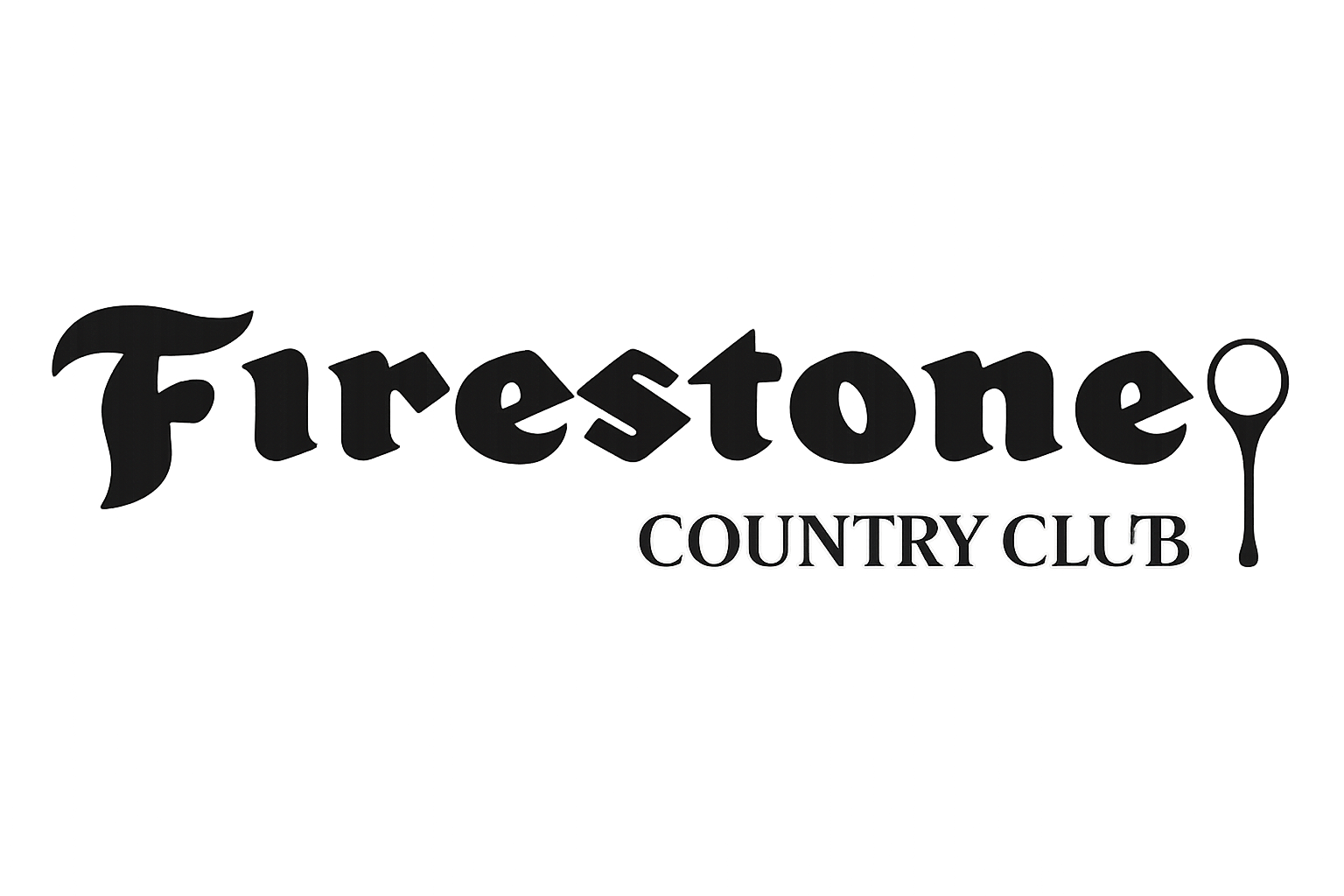 Logo for Firestone Country Club featuring the word 'Firestone' in bold black letters with a small stylized golf tee at the end of the word and the words 'Country Club' underneath in white with black outline.