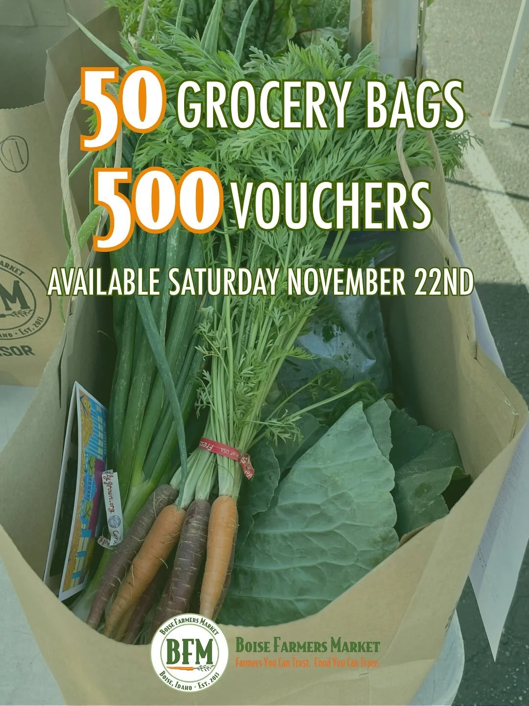 The Boise Farmers Market will have 50 grocery bags full of ingredients to prepare a Thanksgiving side dish for up to 6 people. A recipe, grocery bag, and all ingredients are included. Our food insecure neighbors can obtain these in our Drive Thru pre