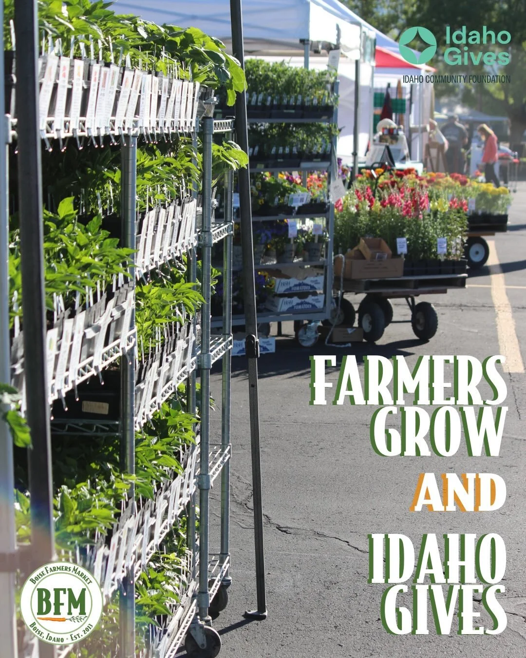 Farmers Grow and Idaho Gives💚🧡

The Boise Farmers Market is so excited to be participating in Idaho Gives this year! Idaho Gives is an annual statewide fundraiser that provides necessary funds to market programs. 

2026 Fundraising Goal: $20,000
Wh