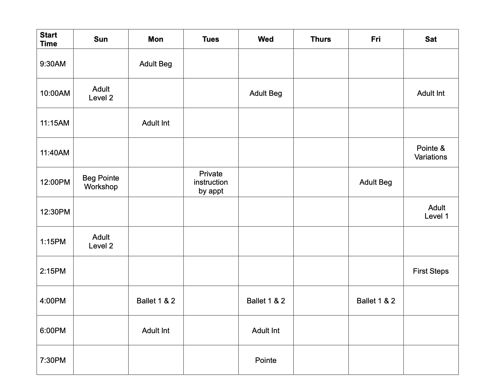 Fall 2026 class calendar
