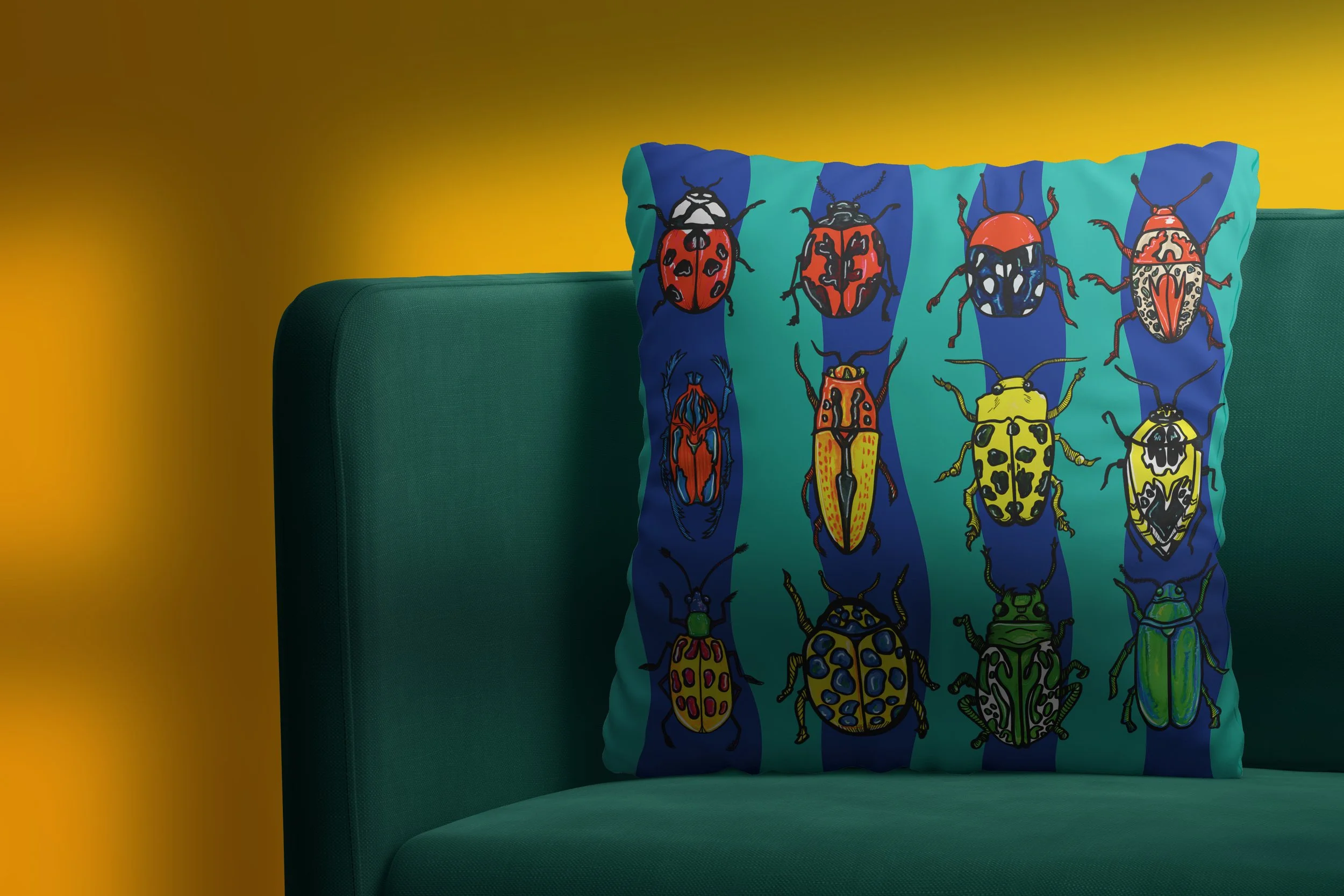 Blue on Blue Beetle Cushion