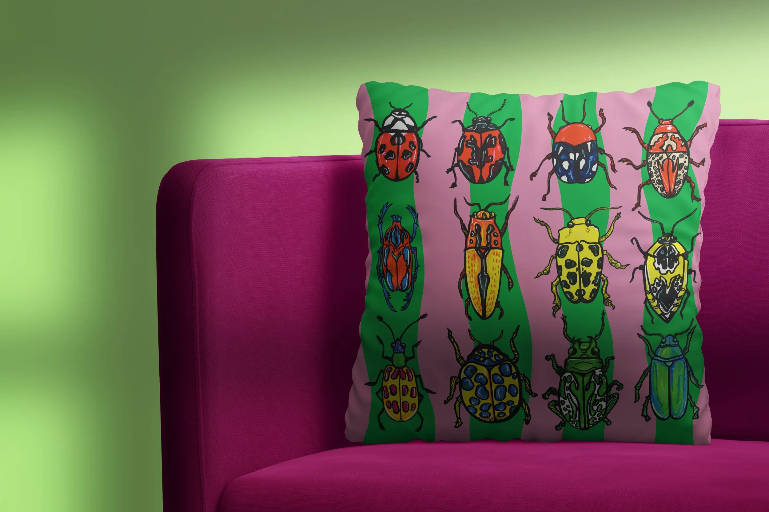 Pink & Green Beetle Cushion