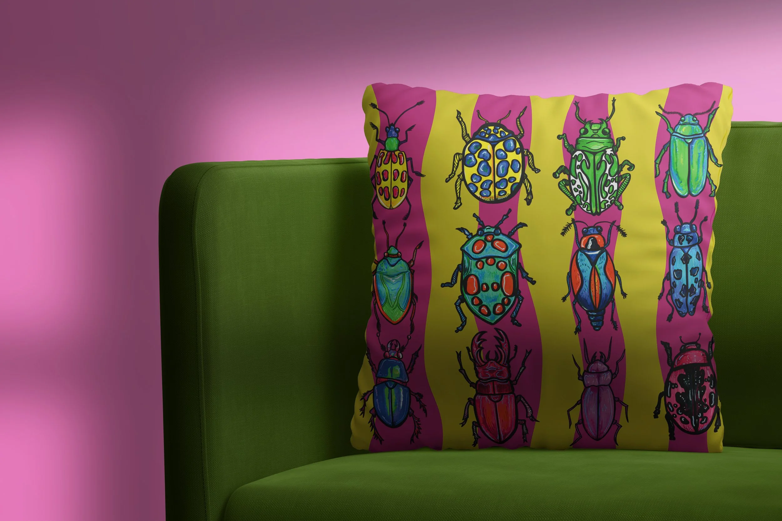 Pink & Yellow  Beetle Cushion