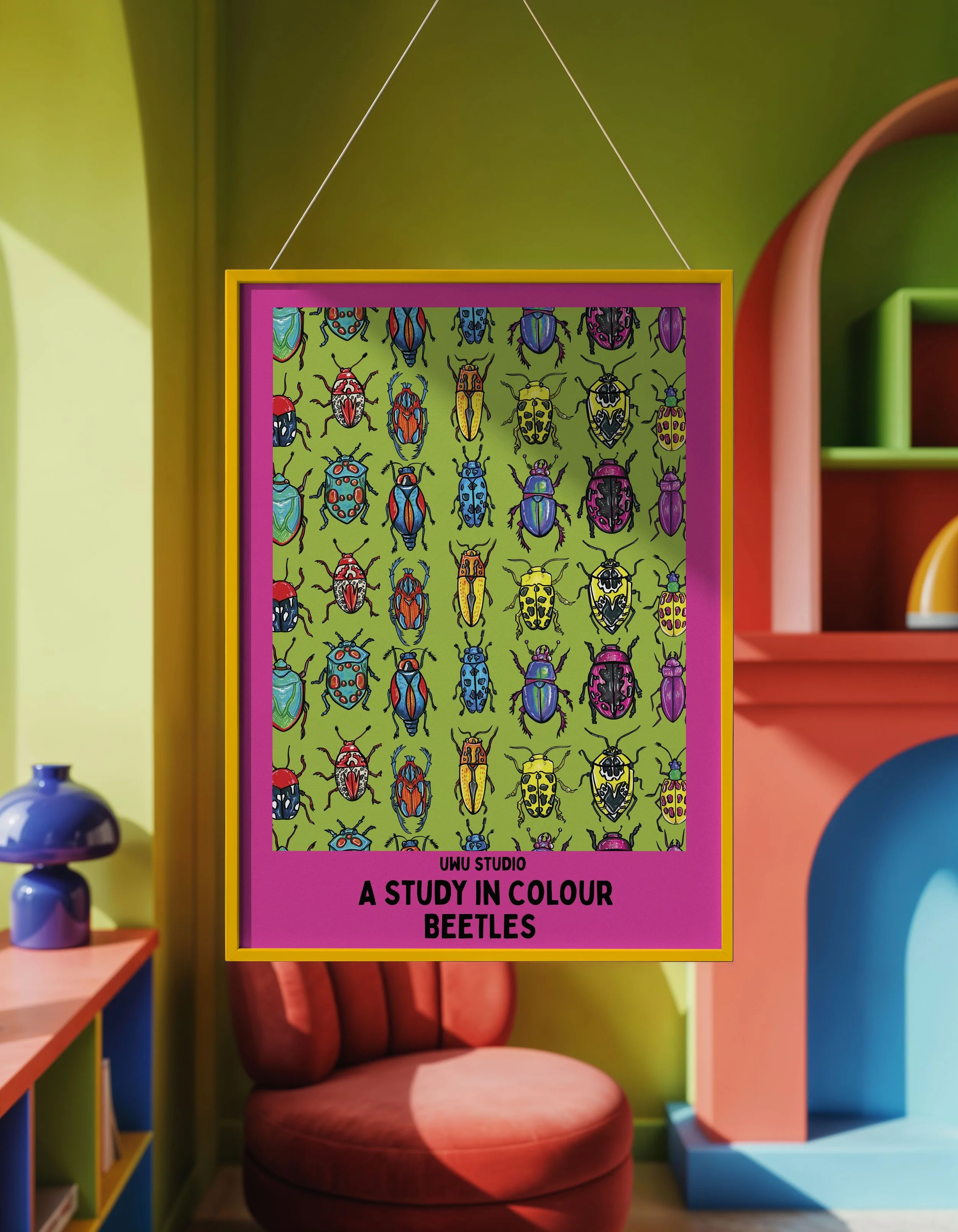 Pink & Green Beetle Art Print – Colourful Wall Art