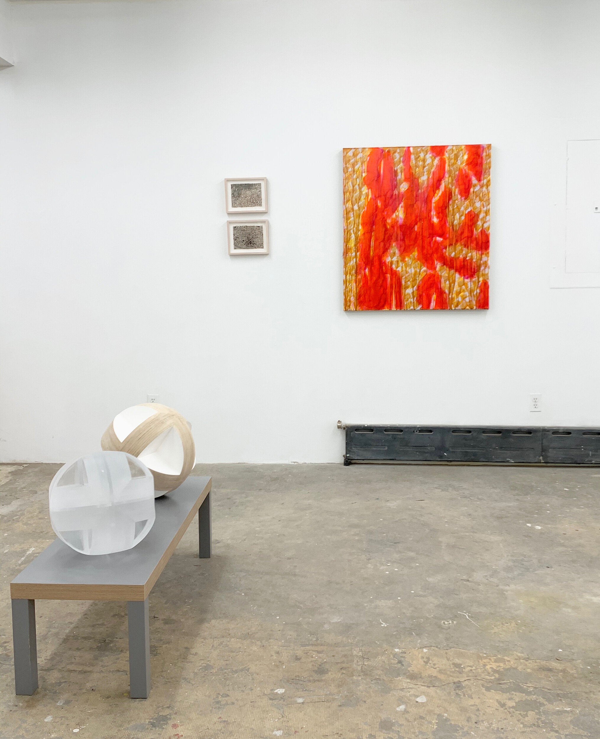Javier Arce work on paper, Charles Dunn sculpture installation images, None Sing exhibition at Cindy Rucker Gallery
