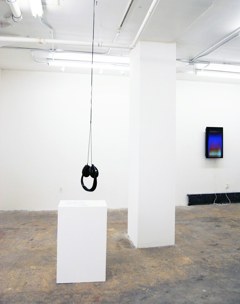 Installation image from the 2016 exhibition, SOUND I, featuring works by Richard Garet and Crystal Z. Campbell, at Cindy Rucker Gallery