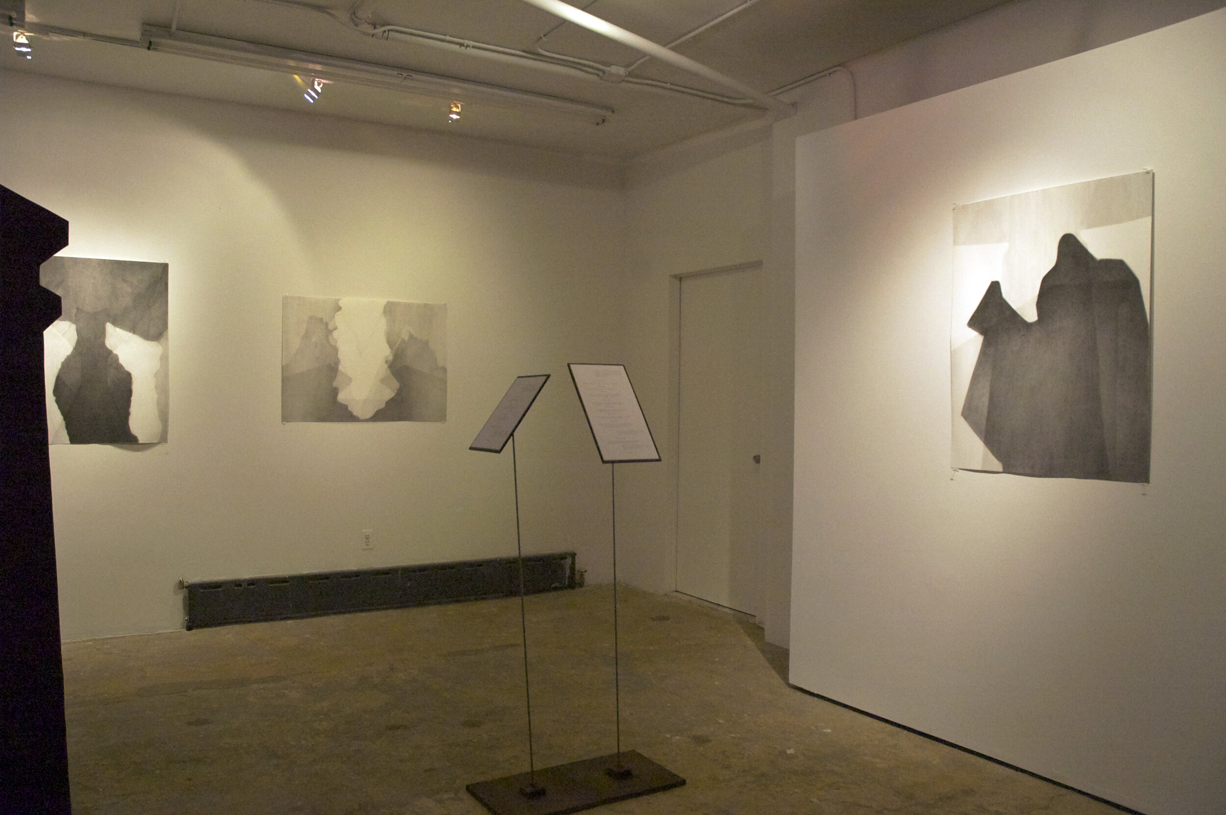 Installation image from the 2013 Adam Hayes exhibition, The room had an imposing dominance over the man, at Cindy Rucker Gallery