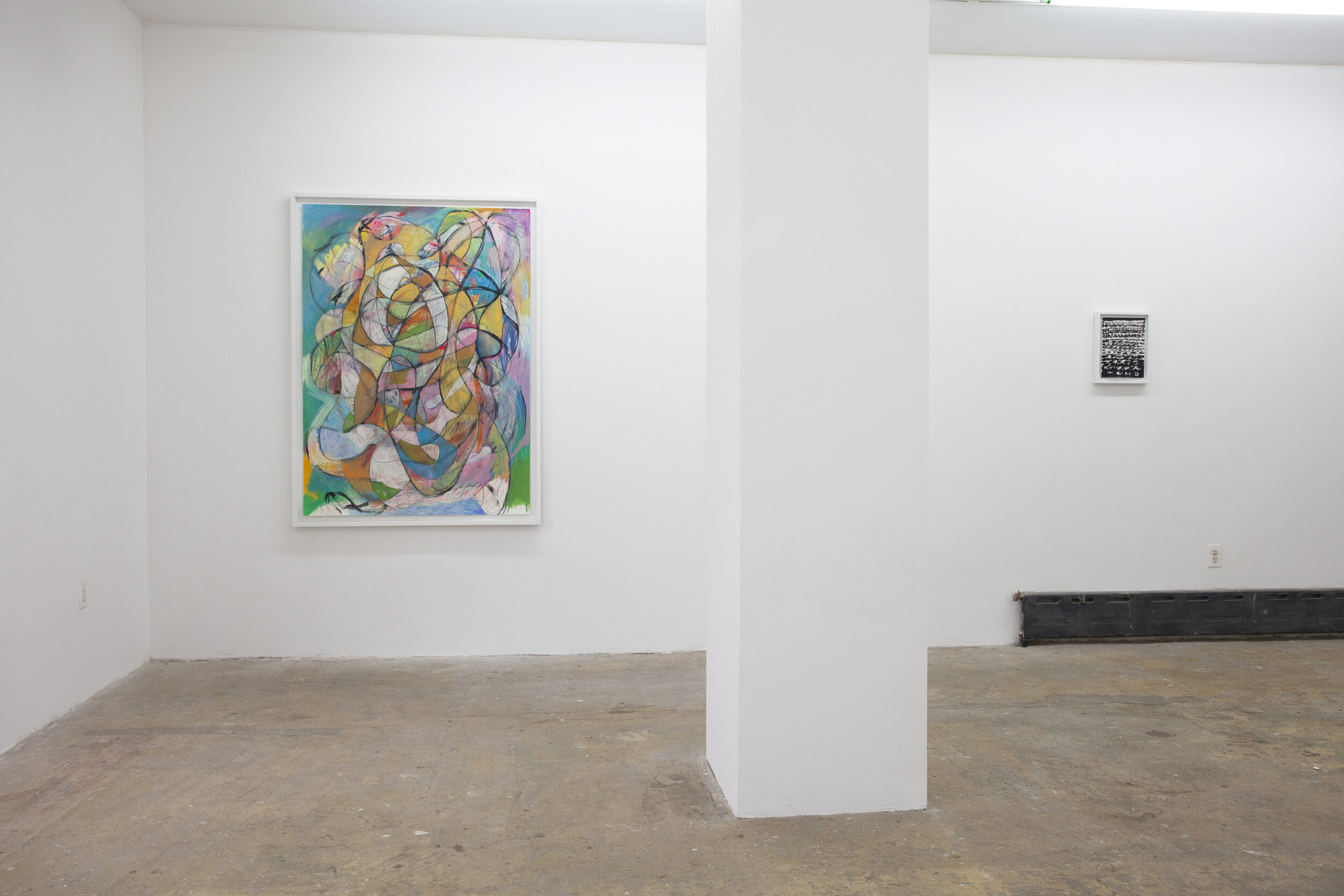 Installation image of works on paper by Rusty Shackleford from his 2017 exhibition, The Physicality of Revisiting Old Haunts, at Cindy Rucker Gallery