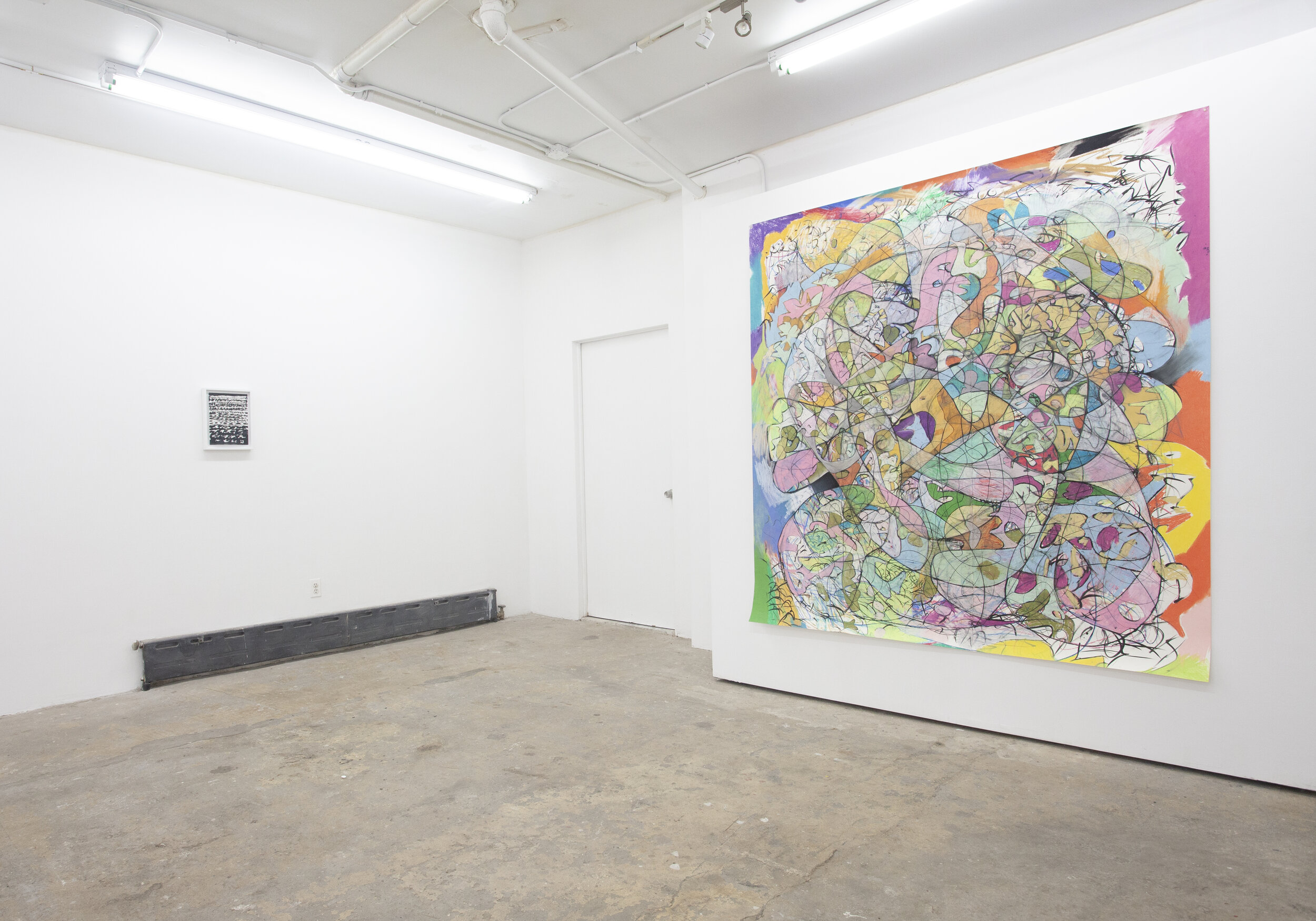 Installation image of works on paper by Rusty Shackleford from his 2017 exhibition, The Physicality of Revisiting Old Haunts, at Cindy Rucker Gallery
