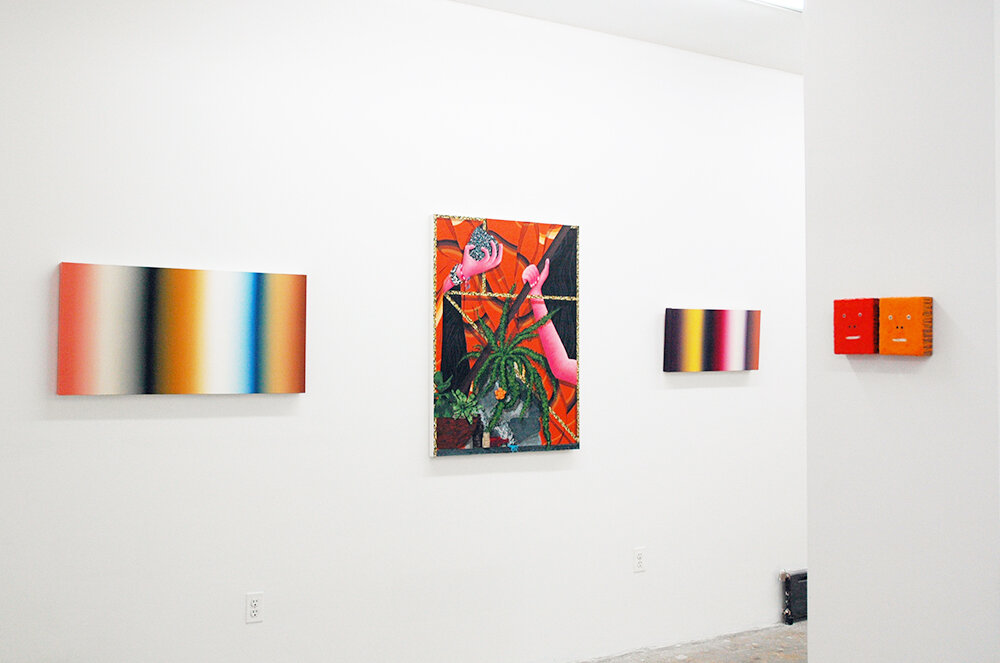 Installation image from the 2014 exhibition, California Dreamin’, Curated by Ginger Shulick, featuring works by Jose Arenas, Patrick Dintino, Amir H. Fallah, and Don Porcella, at Cindy Rucker Gallery