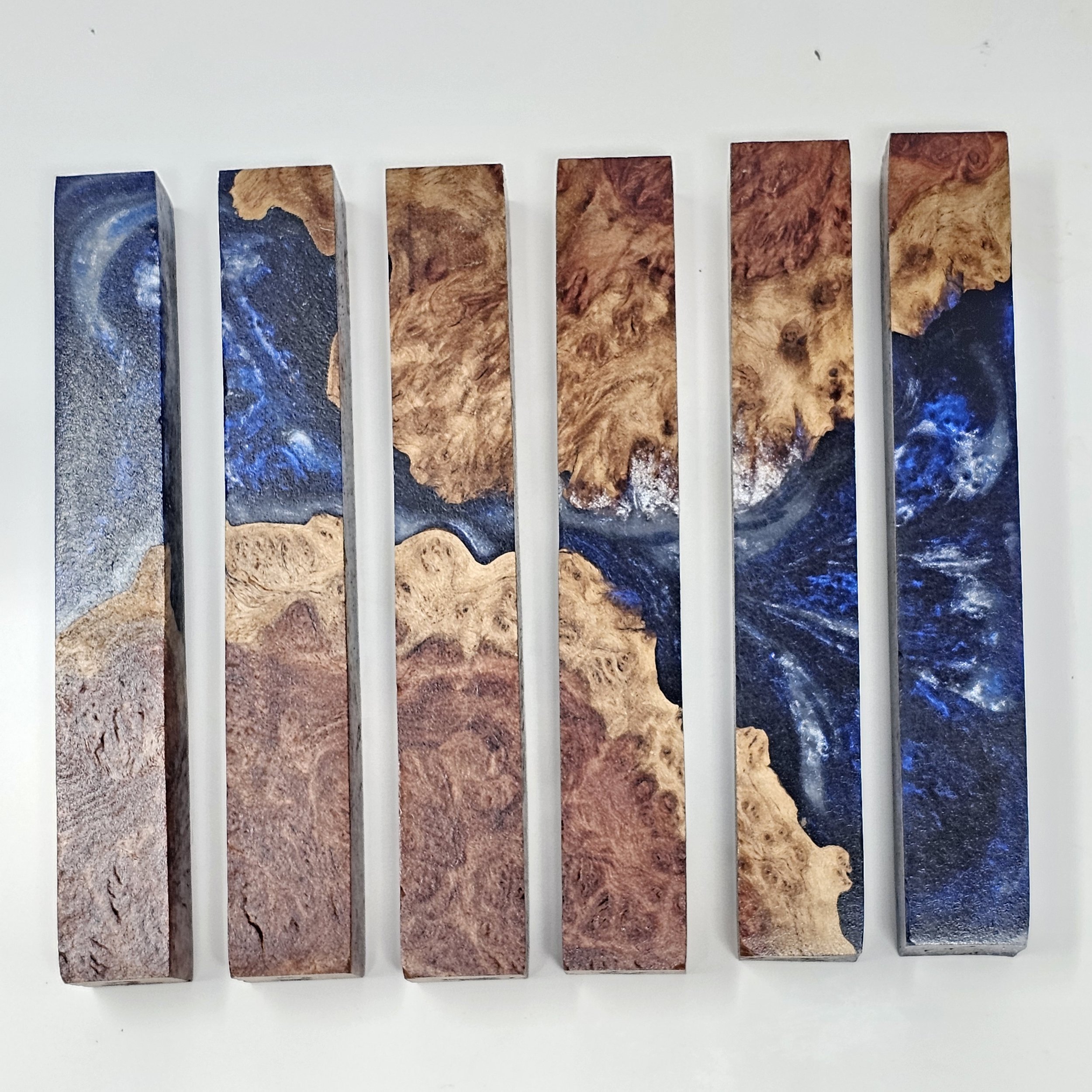 Blue and Pearl White Resin and Australian Red Mallee Burl wood Hybrid Pen Blanks (Copy)