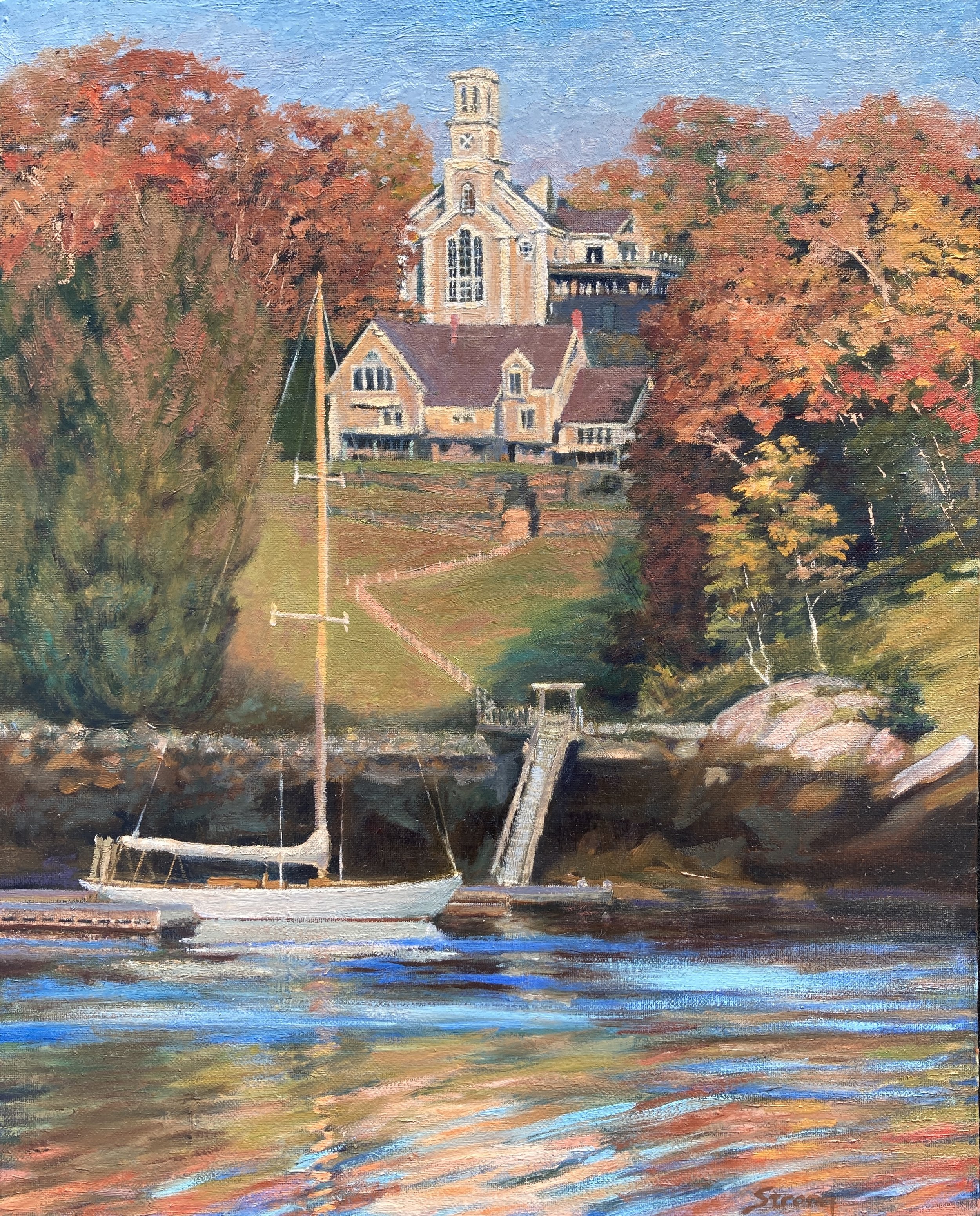 Strong, Karin; %22Rockport Harbor Church%22,22%22x 26%22framed, oil on board.jpg