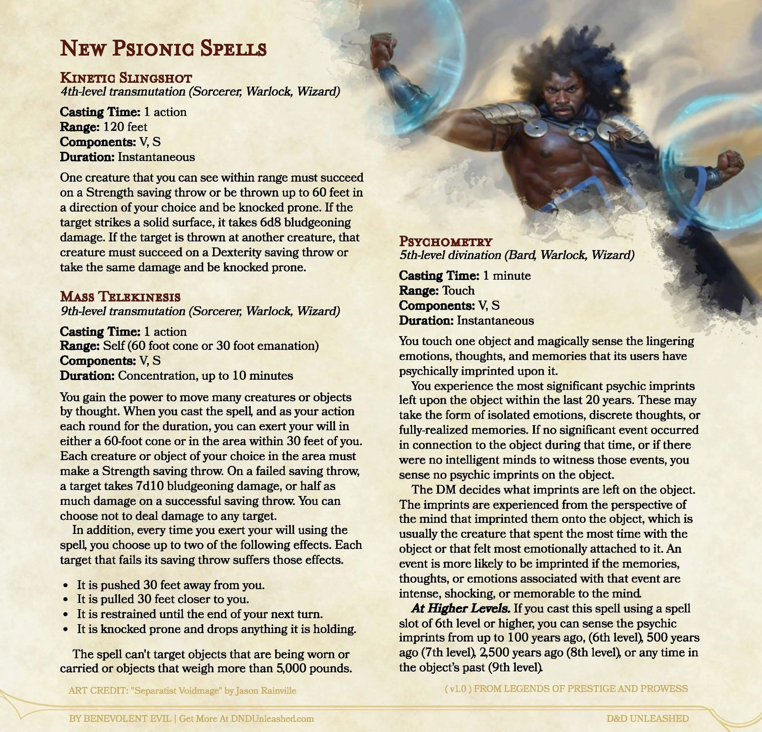 Text and Image for new 5th edition D&D spells: Kinetic Slingshot (4th-level), Mass Telekinesis (9th-level), and Psychometry (5th-level)