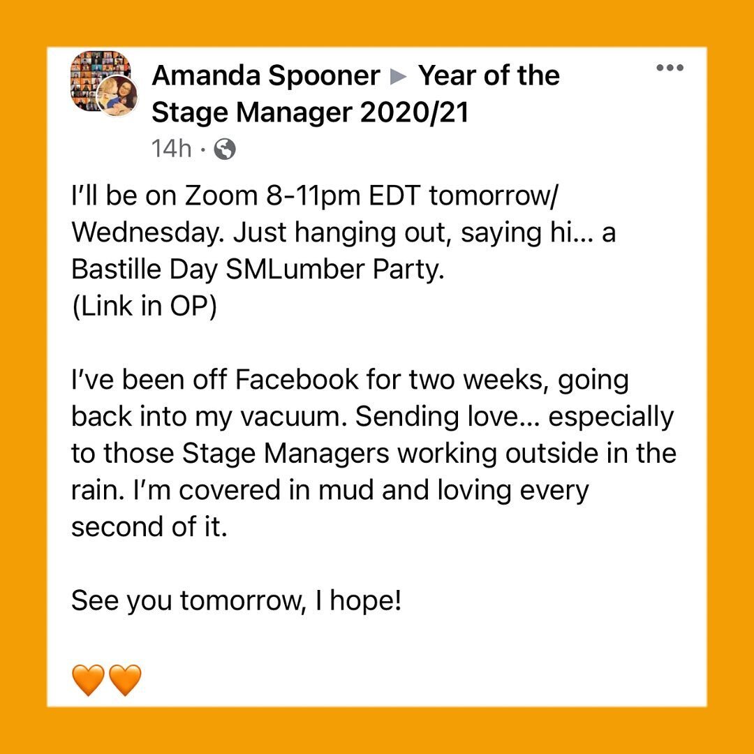 YSM Zoom Link in bio!

#EndOfTheYear #YearOfTheStageManager
#BastilleDay
#SMEverywhere
.
.
.
Image Description: A screenshot from Amanda Spooner&rsquo;s Facebook post reads, &ldquo;I&rsquo;ll be on Zoom 8-11pm EDT tomorrow/Wednesday. Just hanging out