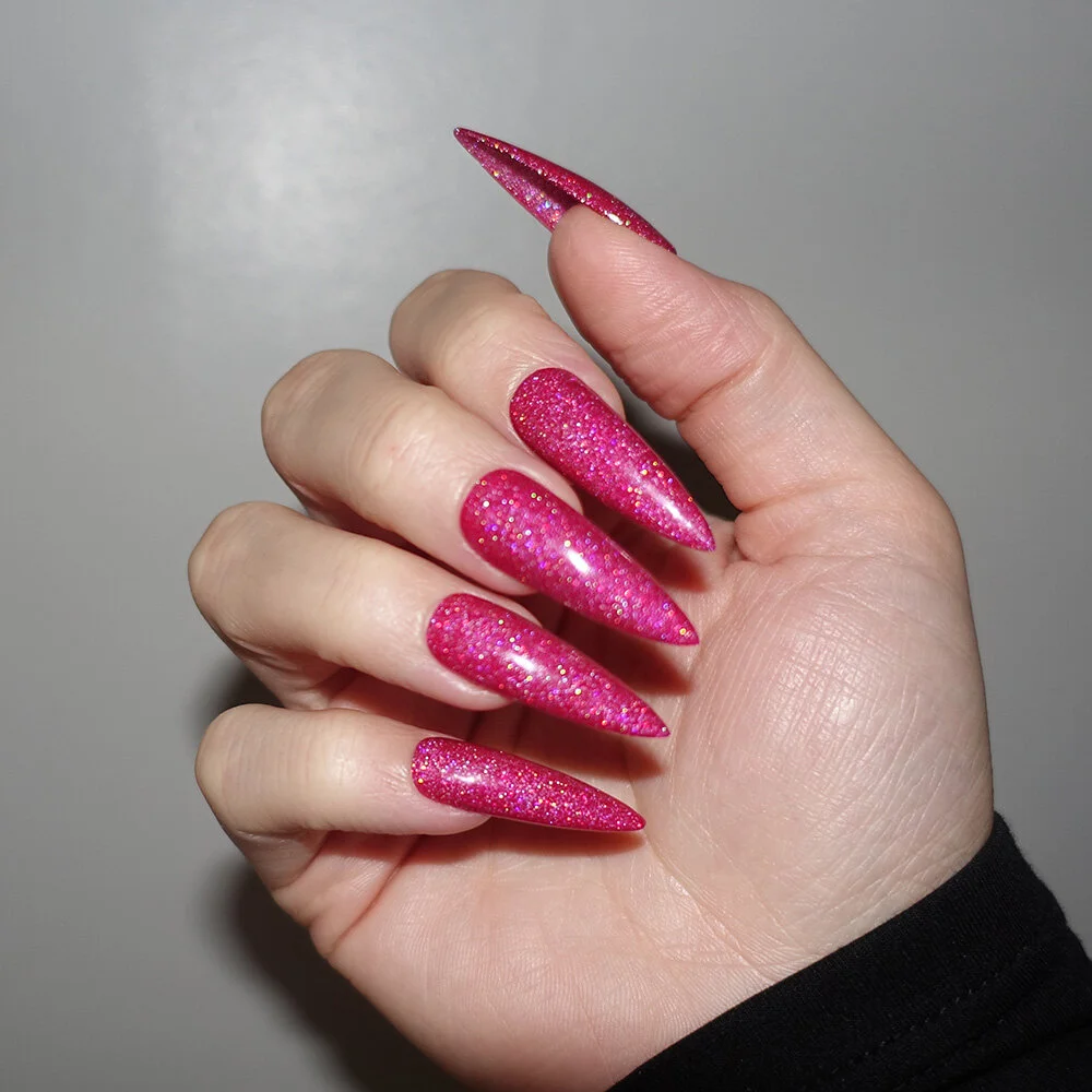 burgundy dark red holo glitter press on nails pointy