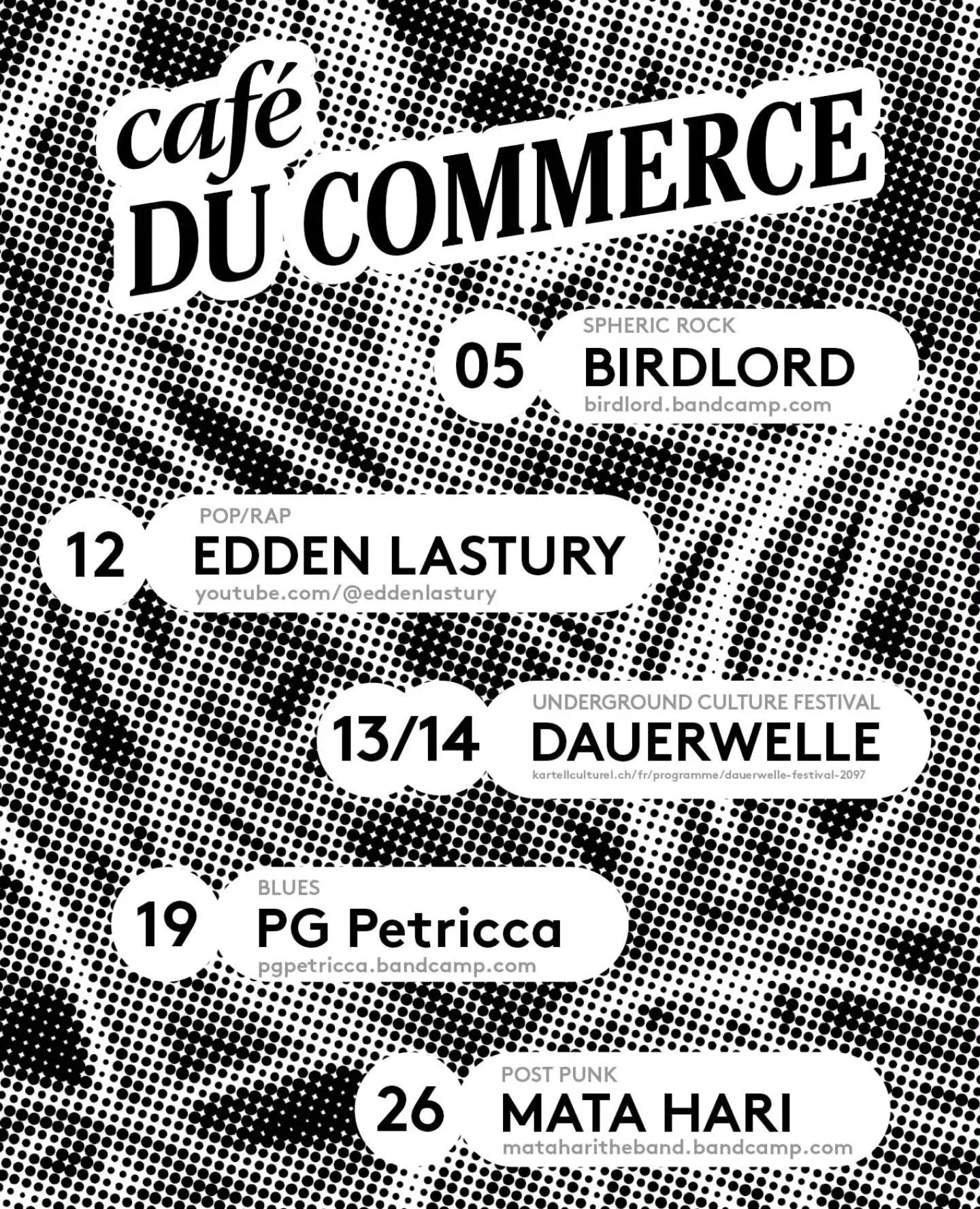 CONCERTS - MARCH 2026 - SHOW 21.00
EINTRITT FREI -  KOLLEKTE : RICHTPREIS 15.- / ENTRE&Eacute; LIBRE - COLLECTE : PRIX INDICATIF 15.-

#caf&eacute;ducommerce #event #&eacute;v&eacute;nement #concert #konzert