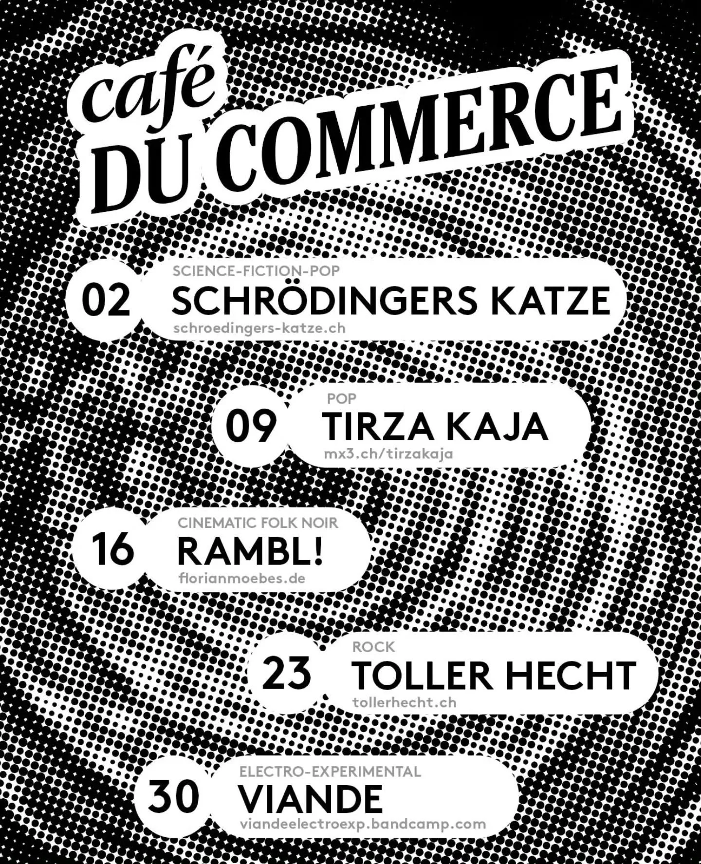 CONCERTS - APRIL 2026 - SHOW 21.00
EINTRITT FREI -  KOLLEKTE : RICHTPREIS 15.- / ENTRE&Eacute; LIBRE - COLLECTE : PRIX INDICATIF 15.-

#caf&eacute;ducommerce #event #&eacute;v&eacute;nement #concert #konzert
