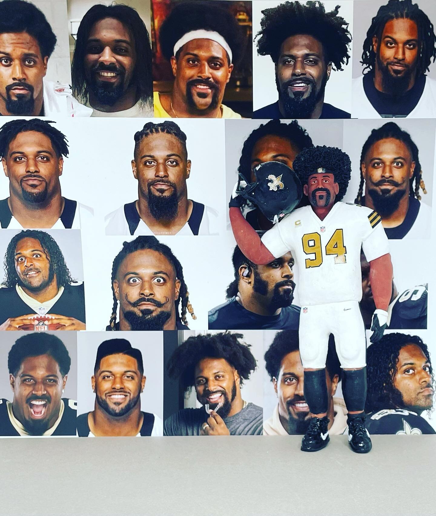 This man has lots of looks. This Sunday I&rsquo;m predicting the look of a warrior.

#alltmontsculptures #alltmontsframing #camjordan94 #oliviagreypritchardphotography #saints #nola #sculptureswithcaricature #popart #sculpey_official #jaboowins #alvi