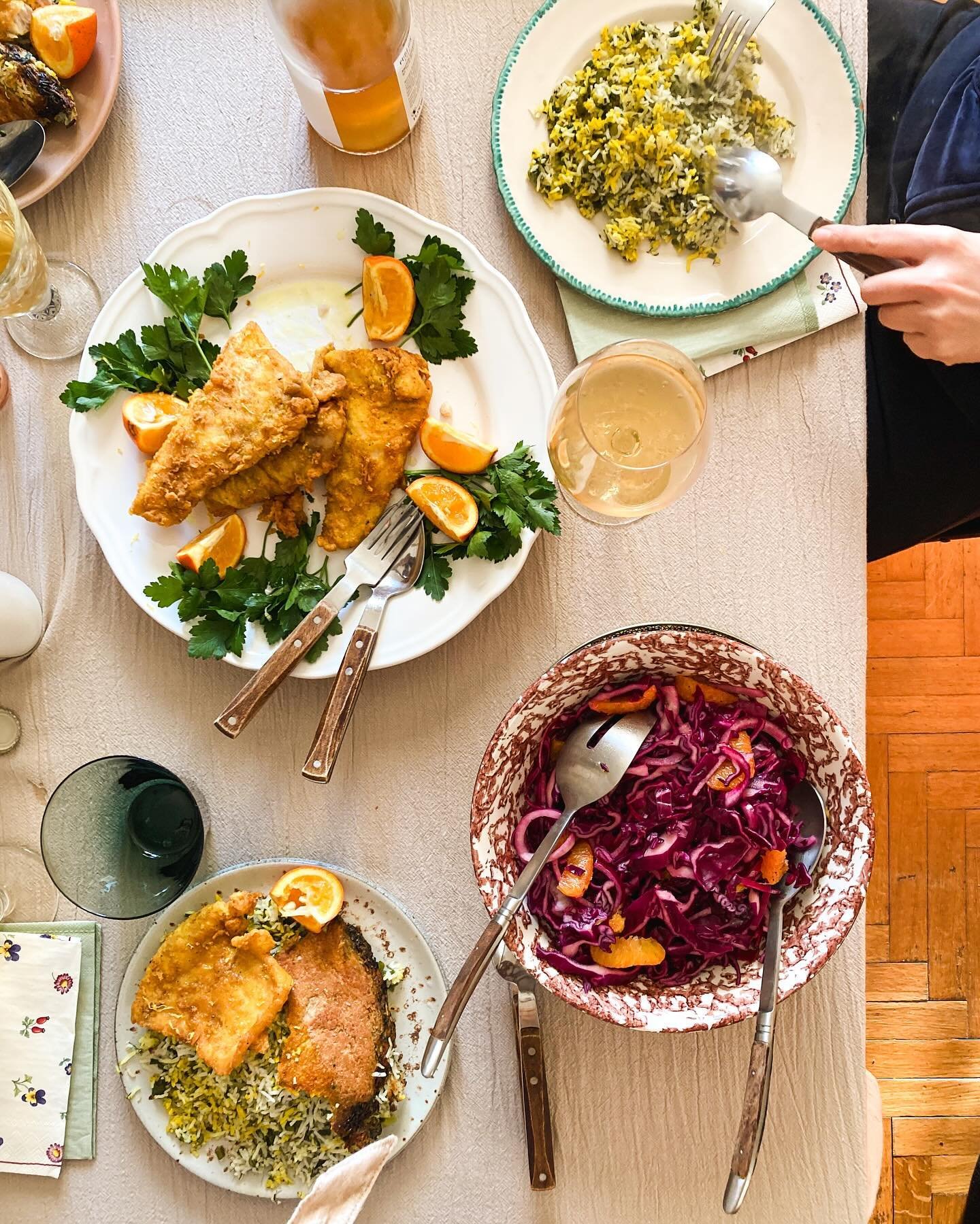 Leaving this one on the grid because it's been a special one.

Haft-seen table and a classic sabzi polo mahi with gorgeous fried fish in a turmeric breading.
Sunlight, spring, beautiful food, wine and people.

Nowruz mobarak, from our home to you,
Lo