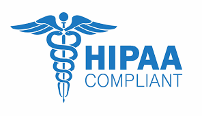 HIPAA compliant logo featuring a caduceus symbol with a staff and wings in blue, along with the words 'HIPAA COMPLIANT.'