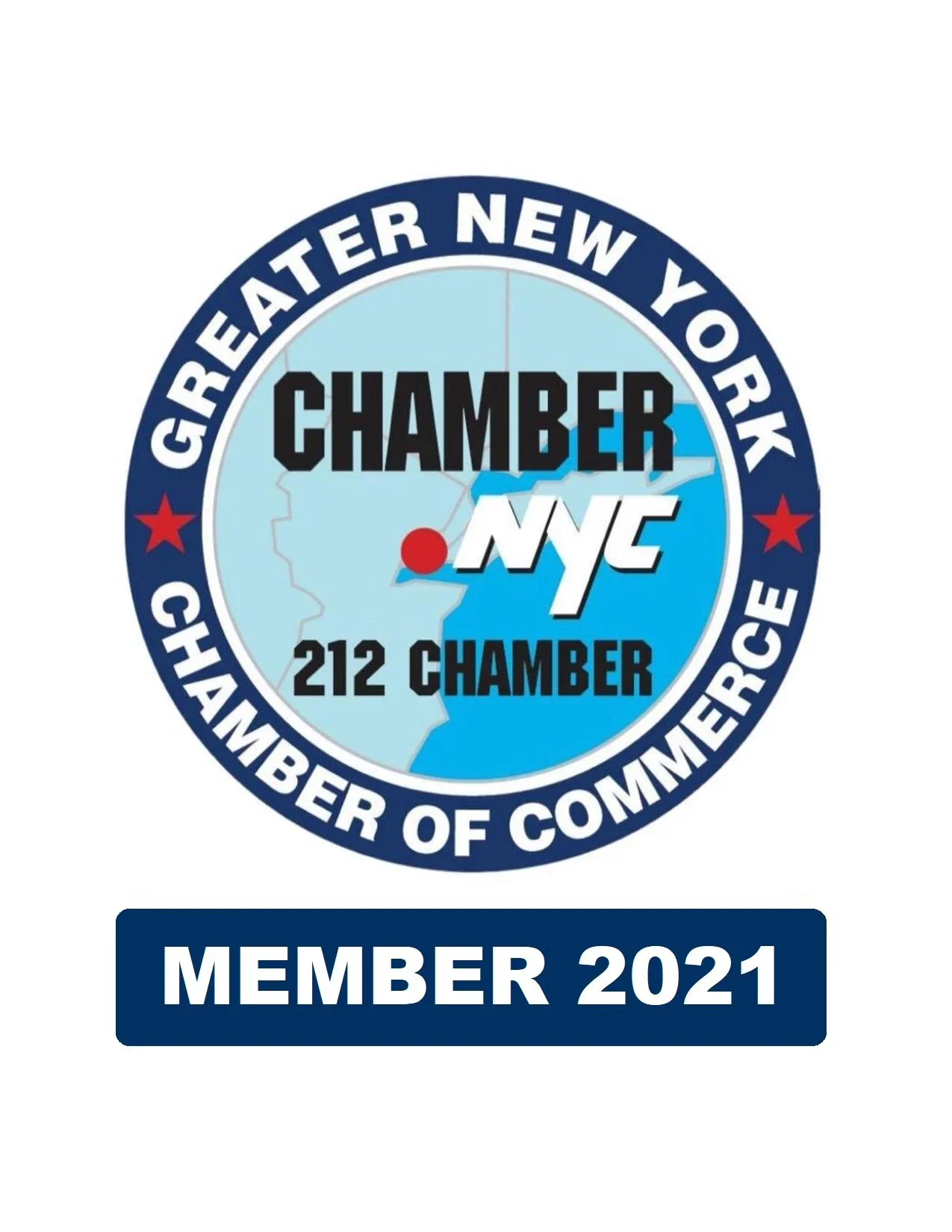 Logo of the Greater New York Chamber of Commerce, featuring a map of New York City, a red dot indicating a location, and the text 'Chamber NYC, 212 Chamber', with a banner reading 'Member 2021'.
