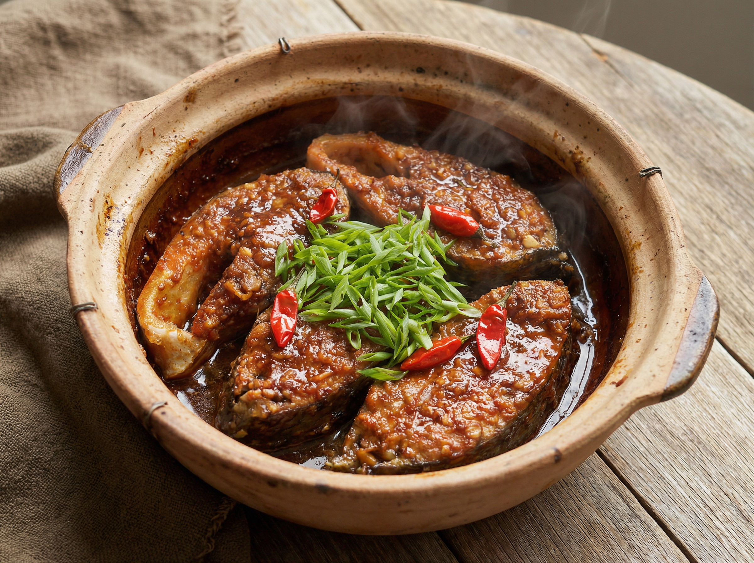 Ca kho to is caramelized fish braised until tender in a sweet salty sauce. It is traditionally cooked in a clay pot, which helps develop depth and richness.