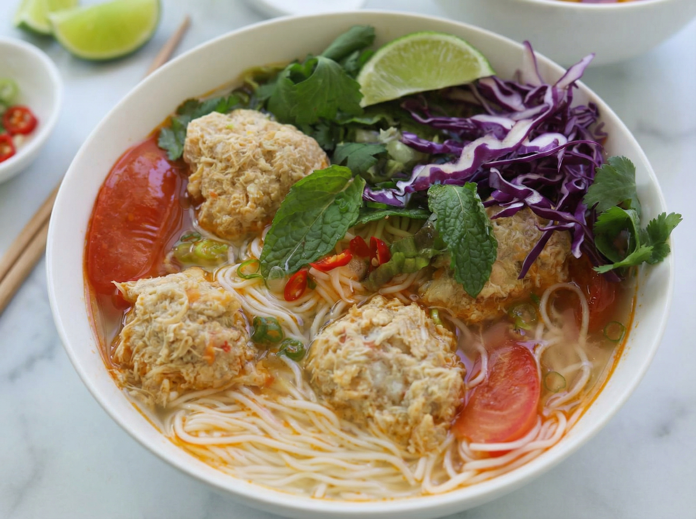 Bun rieu is a tomato based noodle soup with crab flavors and a bright, tangy broth.