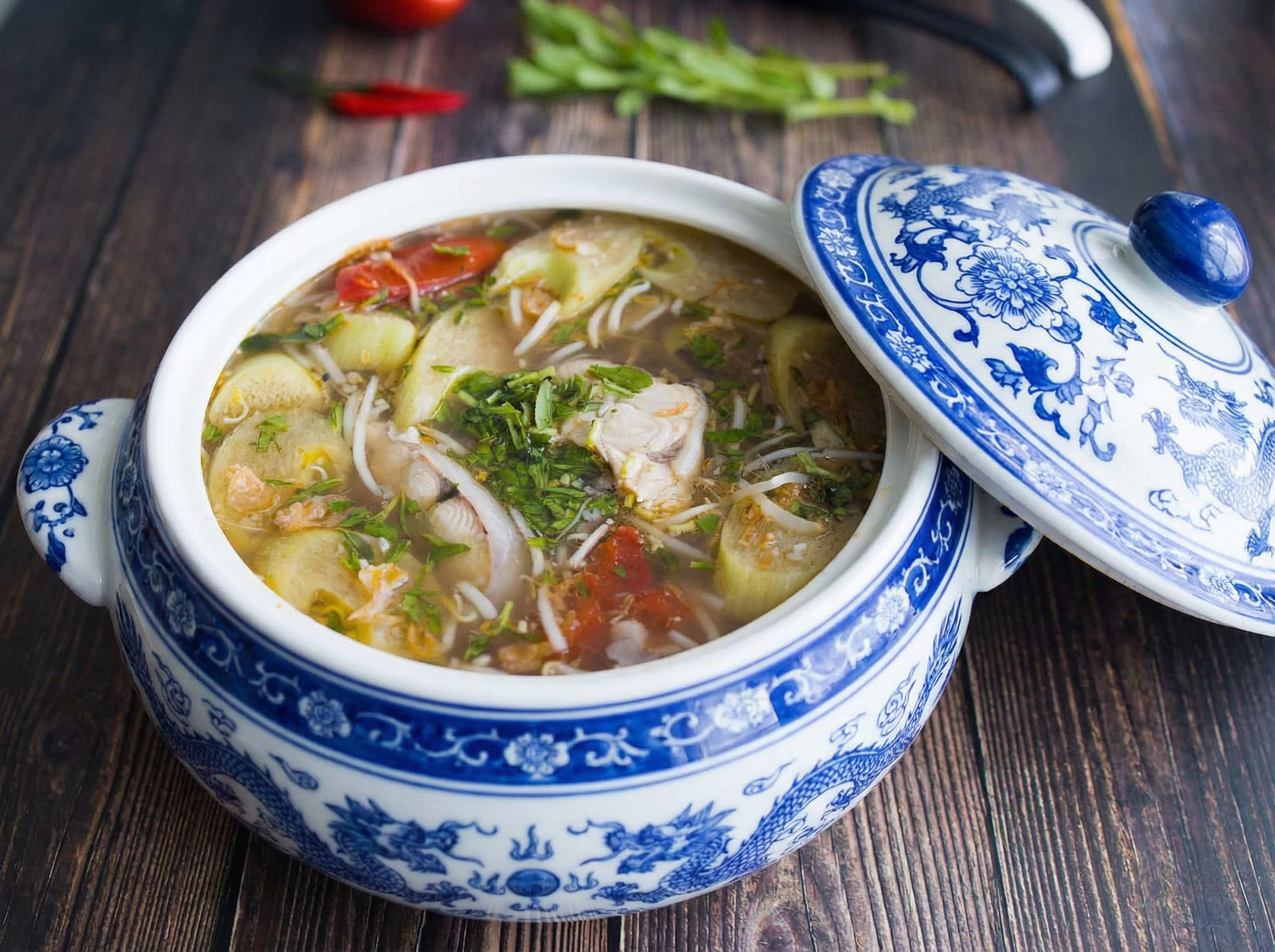 Canh chua is a sweet and sour soup often made with fish or shrimp and lots of vegetables.