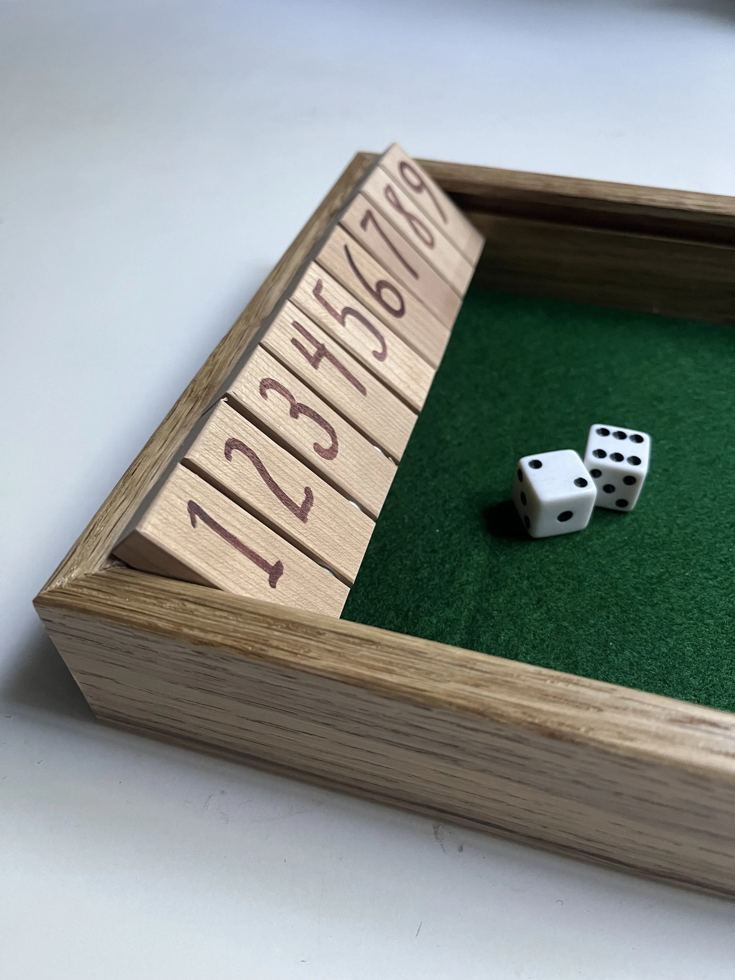 Shut the Box Dice Game (9 tabs) | Oak box; Cherry tiles