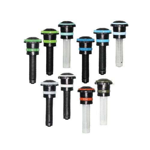 A group of ten black bicycle valves with different colored accents including green, blue, orange, and white, arranged in two rows on a white background.
