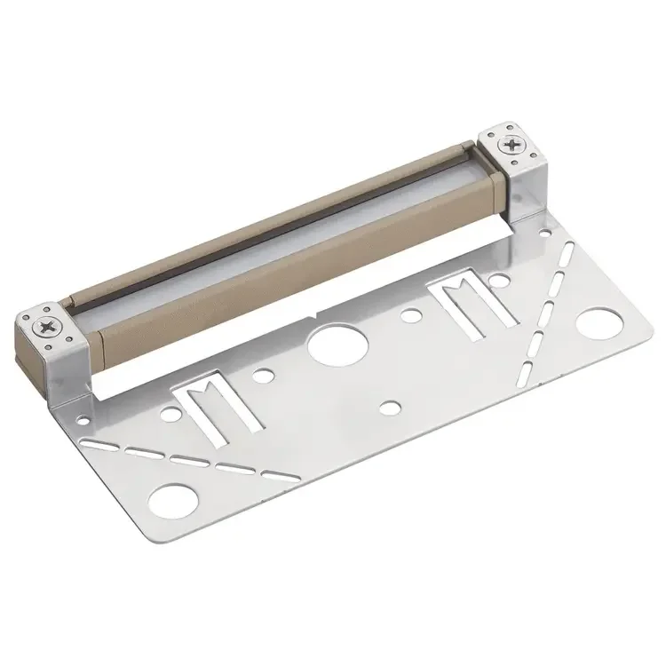 A metal mounting bracket with a roller, used for sliding doors or track systems.