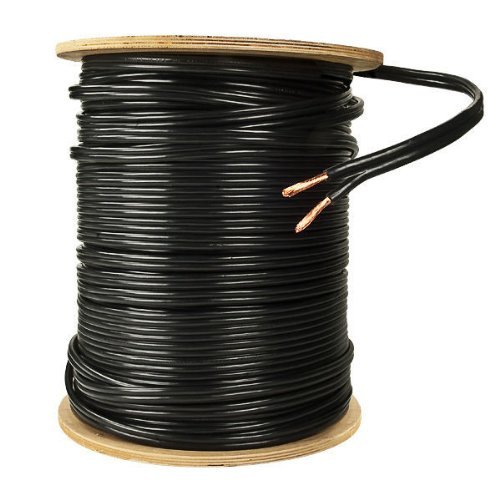 A spool of black electrical wire with a loose end hanging off to the side.
