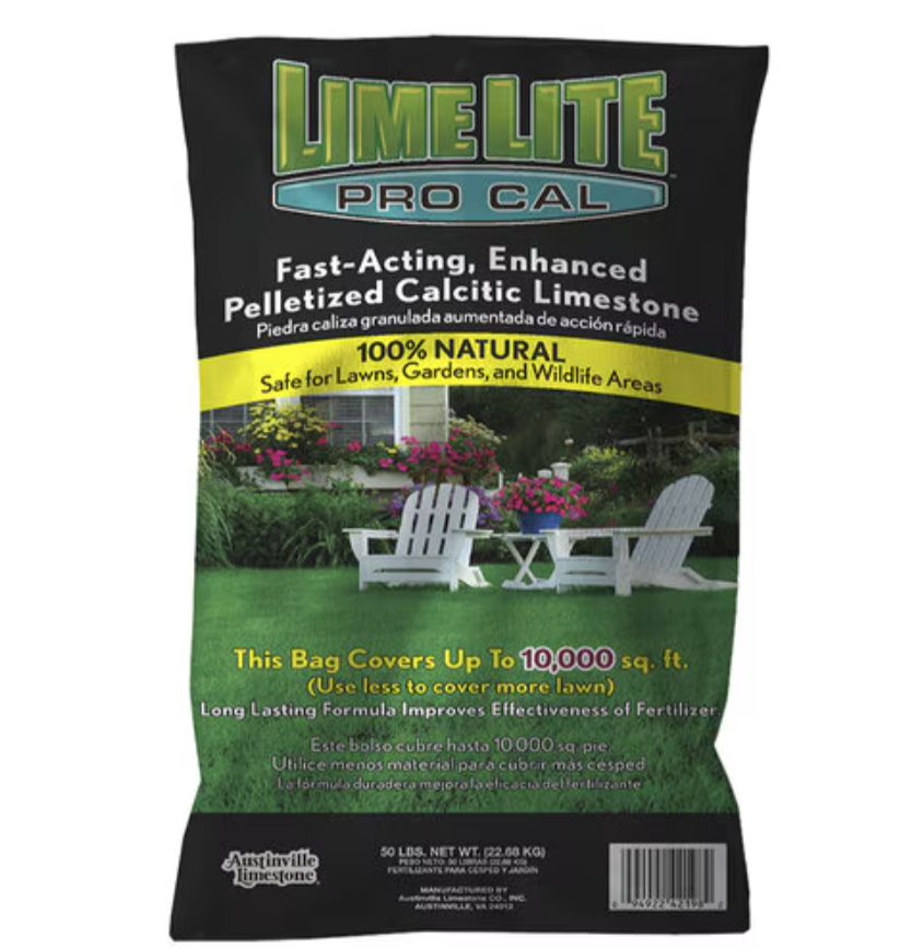Bag of Lime Lite Pro Cal calcium limestone with text and a garden scene featuring chairs and flowers.