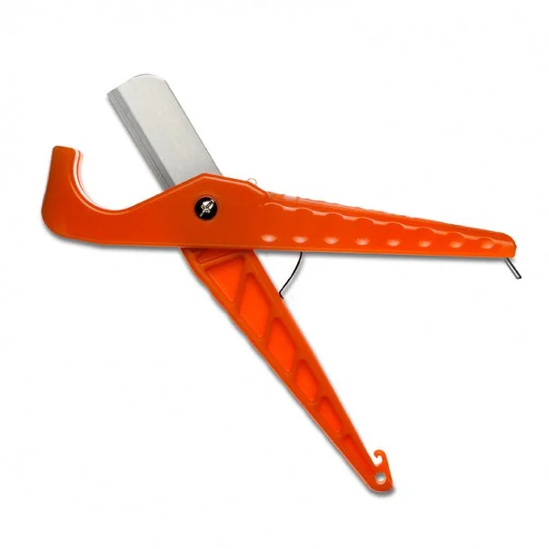 Orange plastic handheld device with a metal blade, possibly a safety cutter or scraper.
