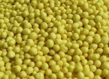 Close-up of small, yellow, round beads or seeds.