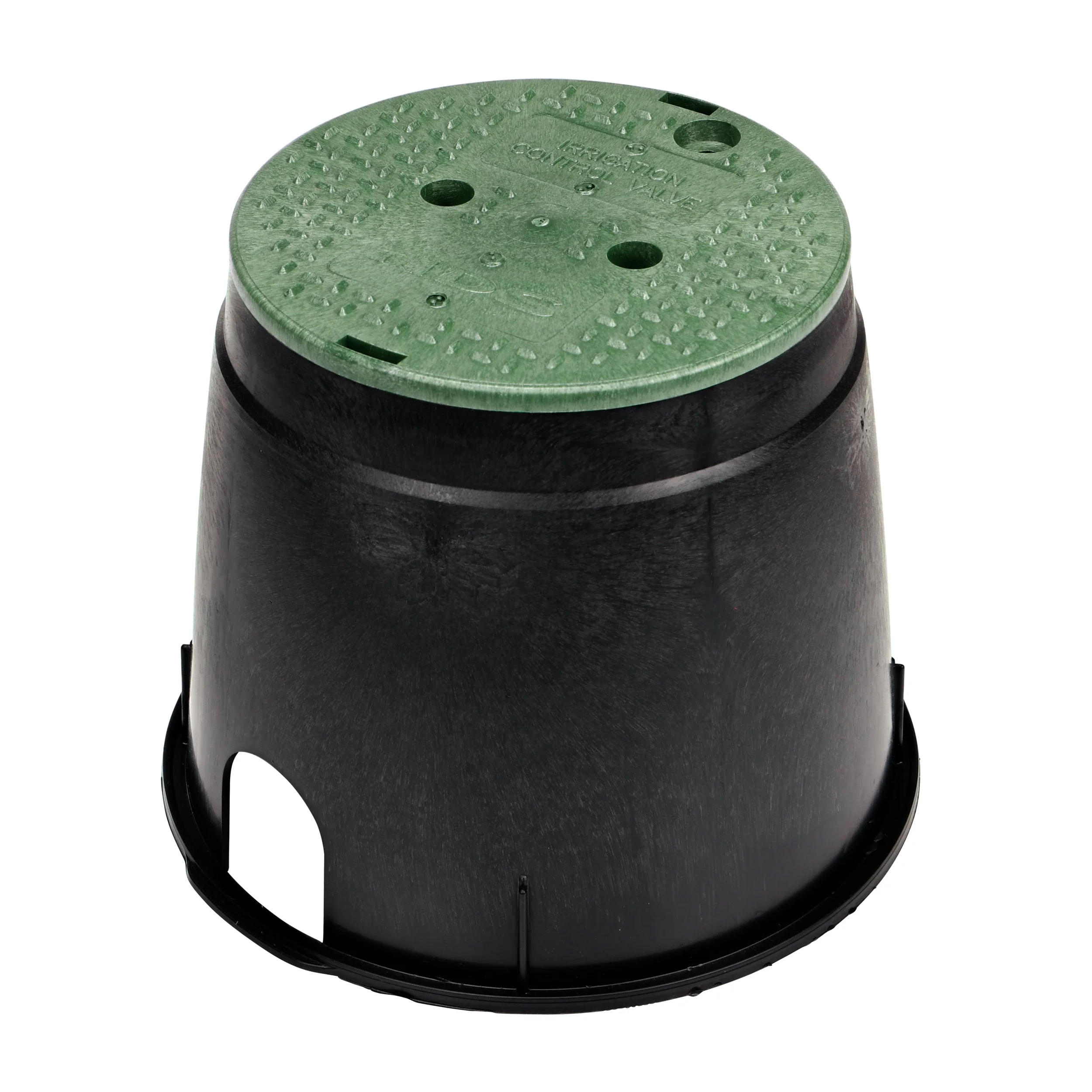A black plastic plant pot with a green drip tray on the bottom, positioned upside down.