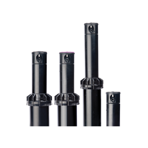 Four black cylindrical objects of varying heights with locking mechanisms on top and rings near their bases, displayed against a white background.