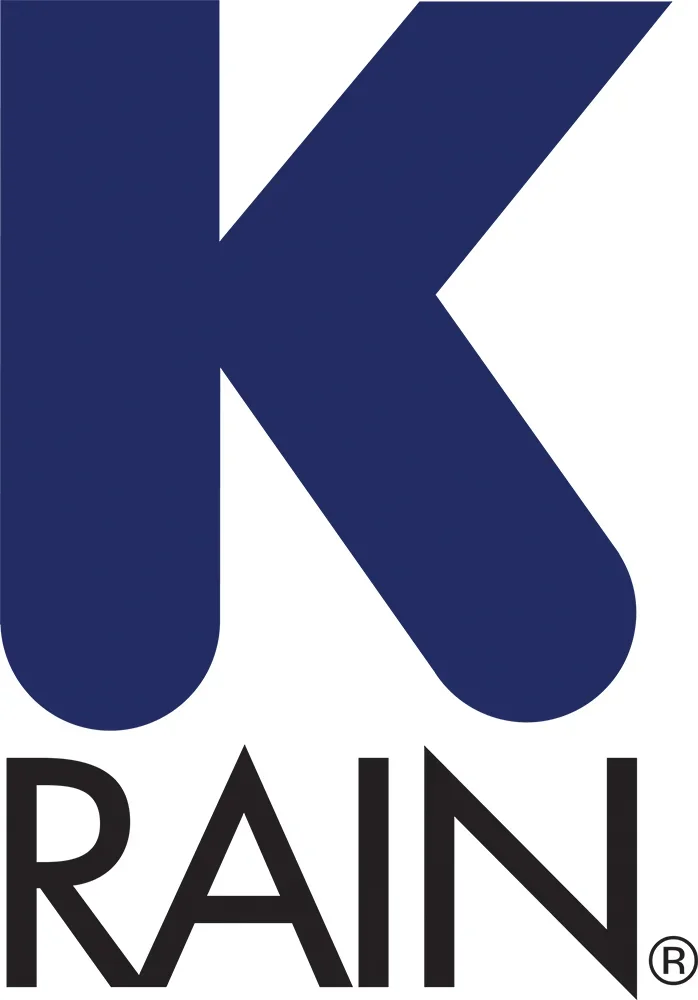 Logo with a large navy blue letter 'K' and black text below saying 'RAIN'.