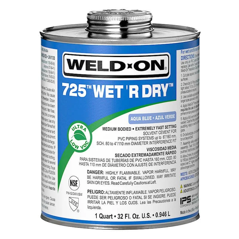 A container of Weld-On 725 wet and dry solvent cement for PVC piping, colored aqua blue, with a screw cap, label showing product details and safety warnings.