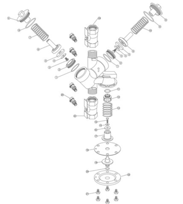 An exploded technical diagram of a mechanical valve assembly showing various components like springs, screws, washers, and housing parts.