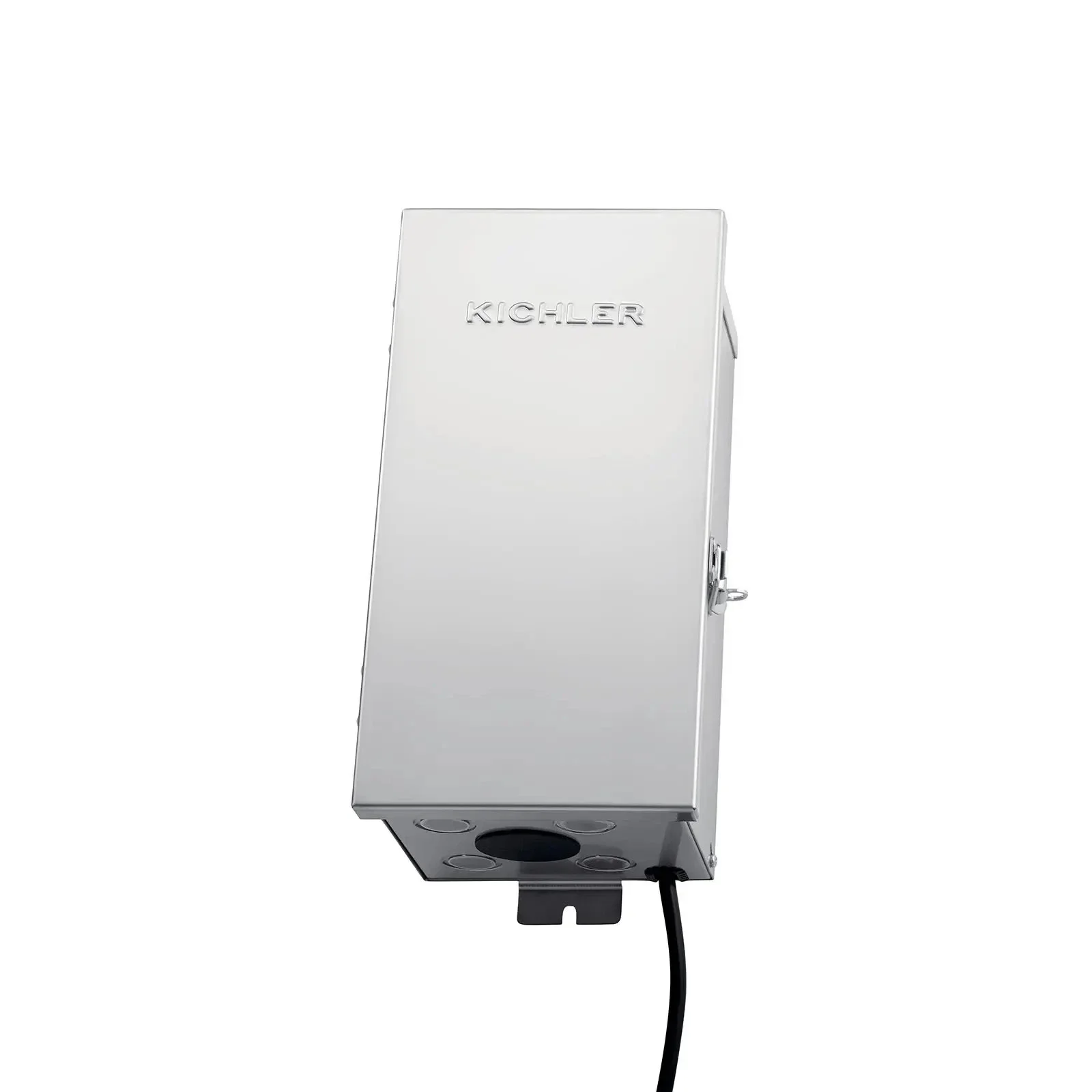 A metallic enclosure labeled 'Kichler' with a cable attached at the bottom, likely an outdoor electrical box or transformer.