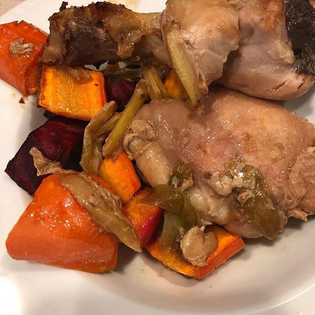 My husband&rsquo;s fav....it&rsquo;s &ldquo;Bunny&rsquo;s chicken&rdquo; or soy ginger chicken! I had an ordee if imperfect foods come so I roasted sweet potato, carrots and beets on the side (because Kenny has a heart attack that I may change Mom&rs